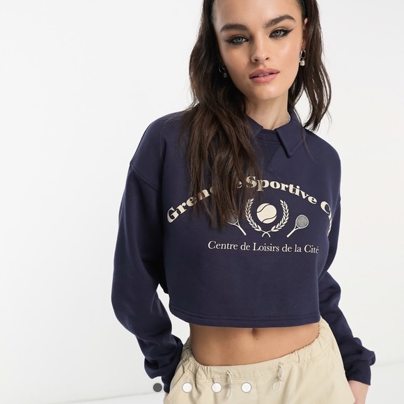 Bershka Tops - Bershka Navy Cropped Tennis Graphic Sweatshirt with Cream Print